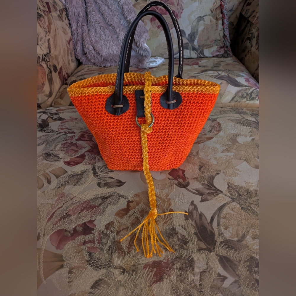 Handmade Crochet Bucket Bag Nylon Mason Line Bright Orange Brown Leather - Picture 2 of 16